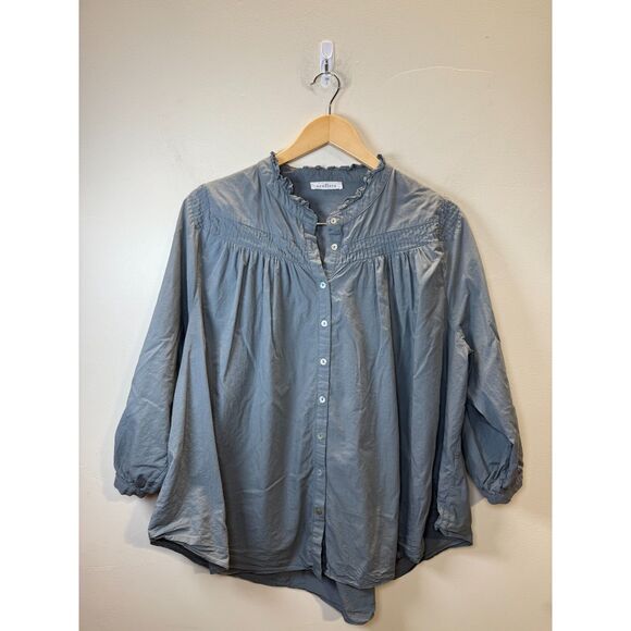Neuflora Blakely Dusty Blue Cotton Top Women’s Size Large Ruffle Neck Everyday - Picture 5 of 9